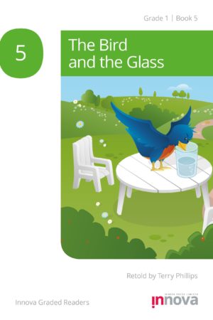 Innova Press The Bird and the Glass cover, blue bird drinks water from a glass on a table