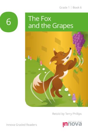 Innova Press The Fox and the Grapes cover, fox jumps up wall with grapes at the top