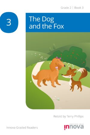 Innova Press The Dog and the Fox cover, dog stands on path with fox