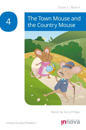 Innova Press The Town Mouse and the Country Mouse cover, mouse with pink dress and apron holding a basket is greeted by a mouse with a moustache in a bowler hat and waistcoat, holding a cane