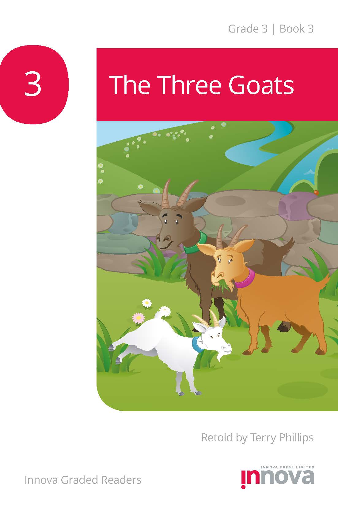 Innova Press The Three Goats cover, a dark brown goat stands with a light brown goat, watching a white kid goat run