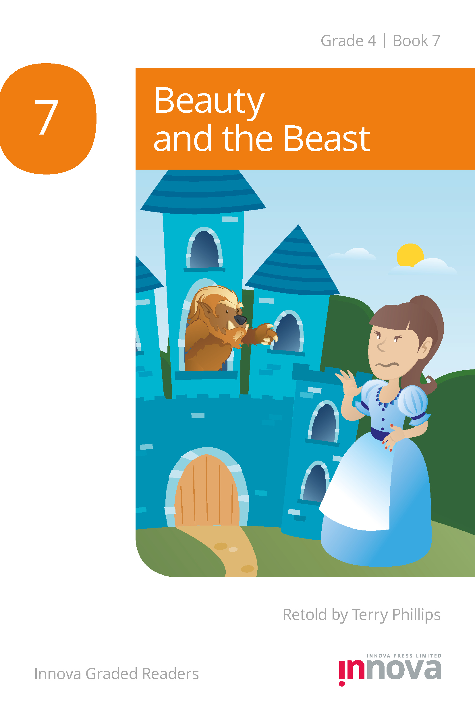 Innova Press Beauty and the Beast cover, girl in blue dress waves at a beast waving from a window of a blue castle